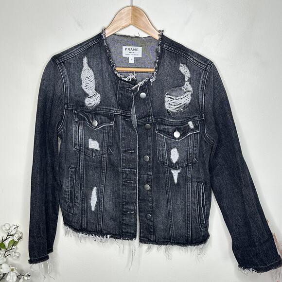 FRAME Rigid Re-Release Le Jacket in Gaven Black Distressed Sz M {JJ36} - Picture 4 of 7